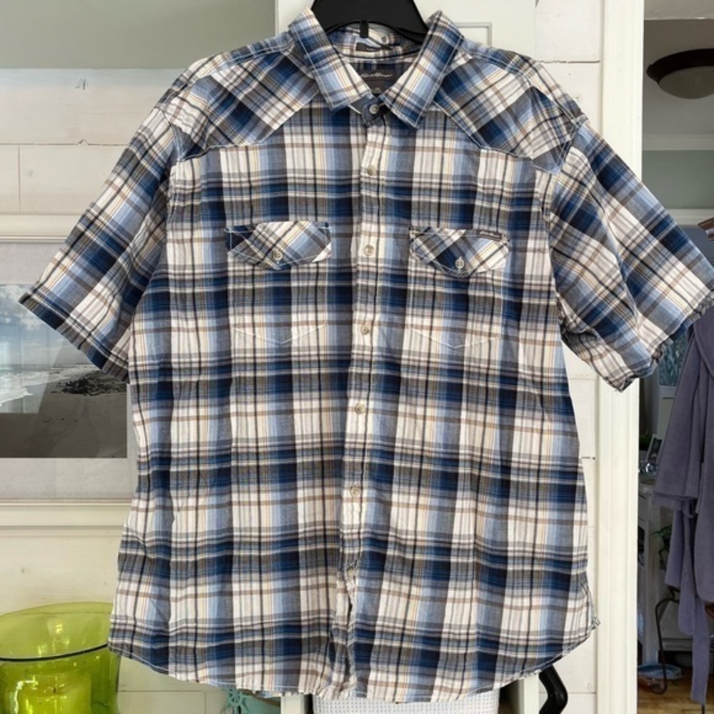 Eddie Bauer 2X Short Sleeve Button Down Shirt Blue and Tan Plaid 100% Cotton